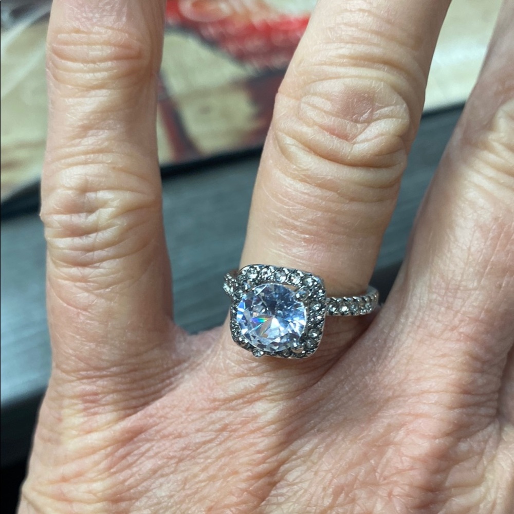 BN-Silver Halo Cushion Engagement Ring with Clear Center Stone